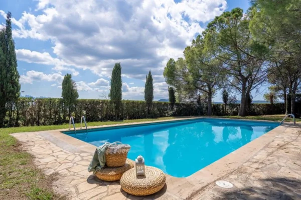 Private pool at the Santpedor villa, surrounded by trees and a stone terrace